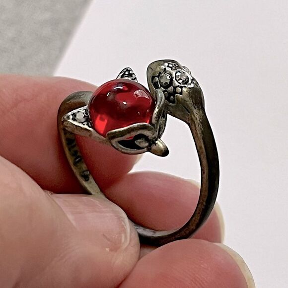 Sterling Silver Snake & Red Fox Ring – Size 10 – Whimsical Vintage Style - Picture 1 of 8